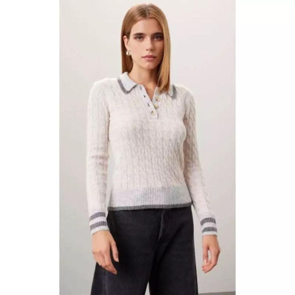 Central Park West Size small Bobbie Polo Sweater Gray Cable Knit Long Sleeves